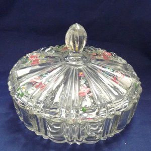 Anchor Hocking covered clear glass candy dish hand painted 60s Old Cafe vanity